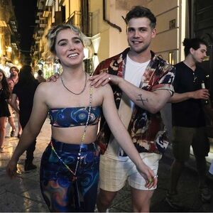 House of Sunny Swirl Print Boot-Cut Pants in Blue & Purple